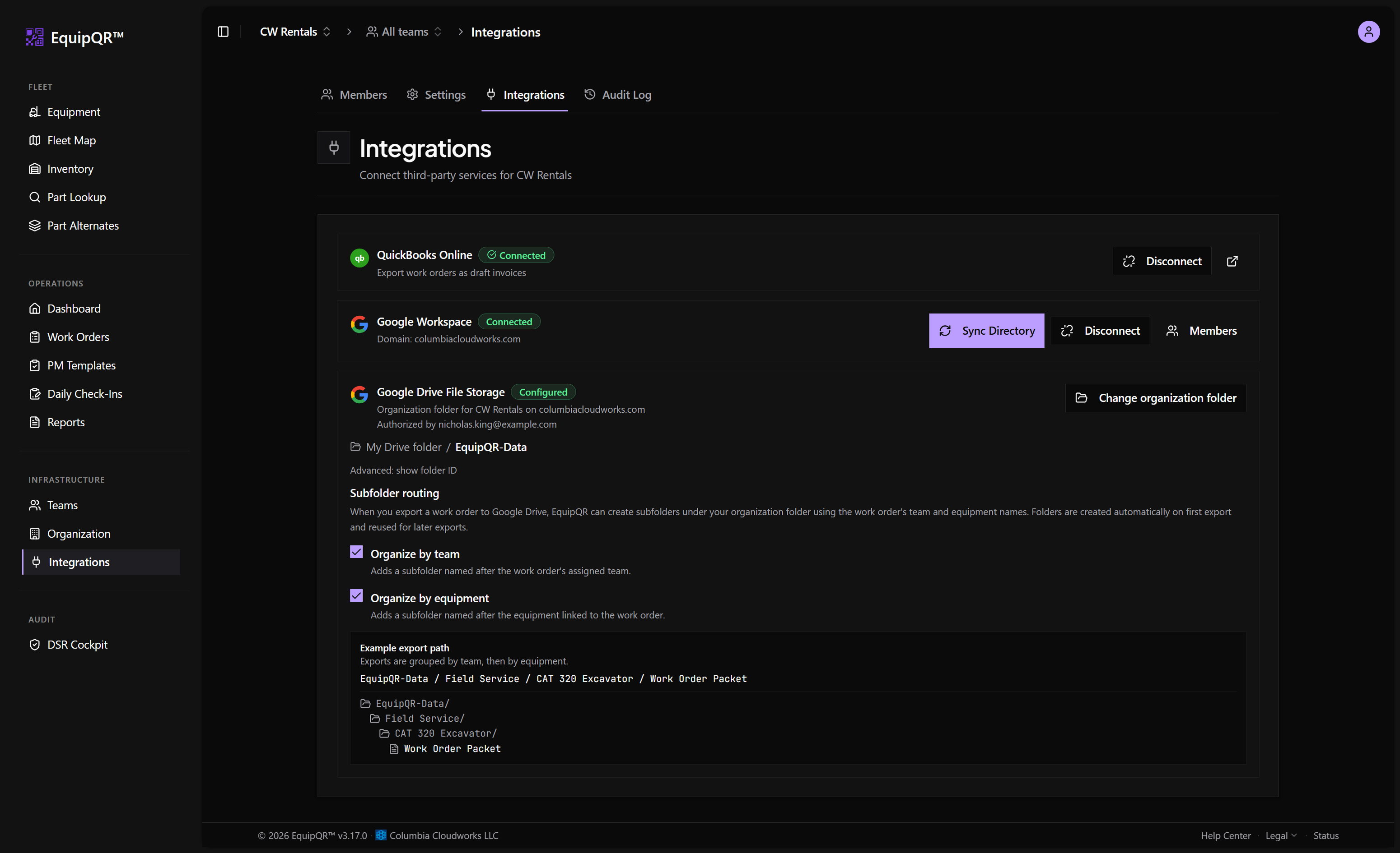 Integrations page with QuickBooks Online connected