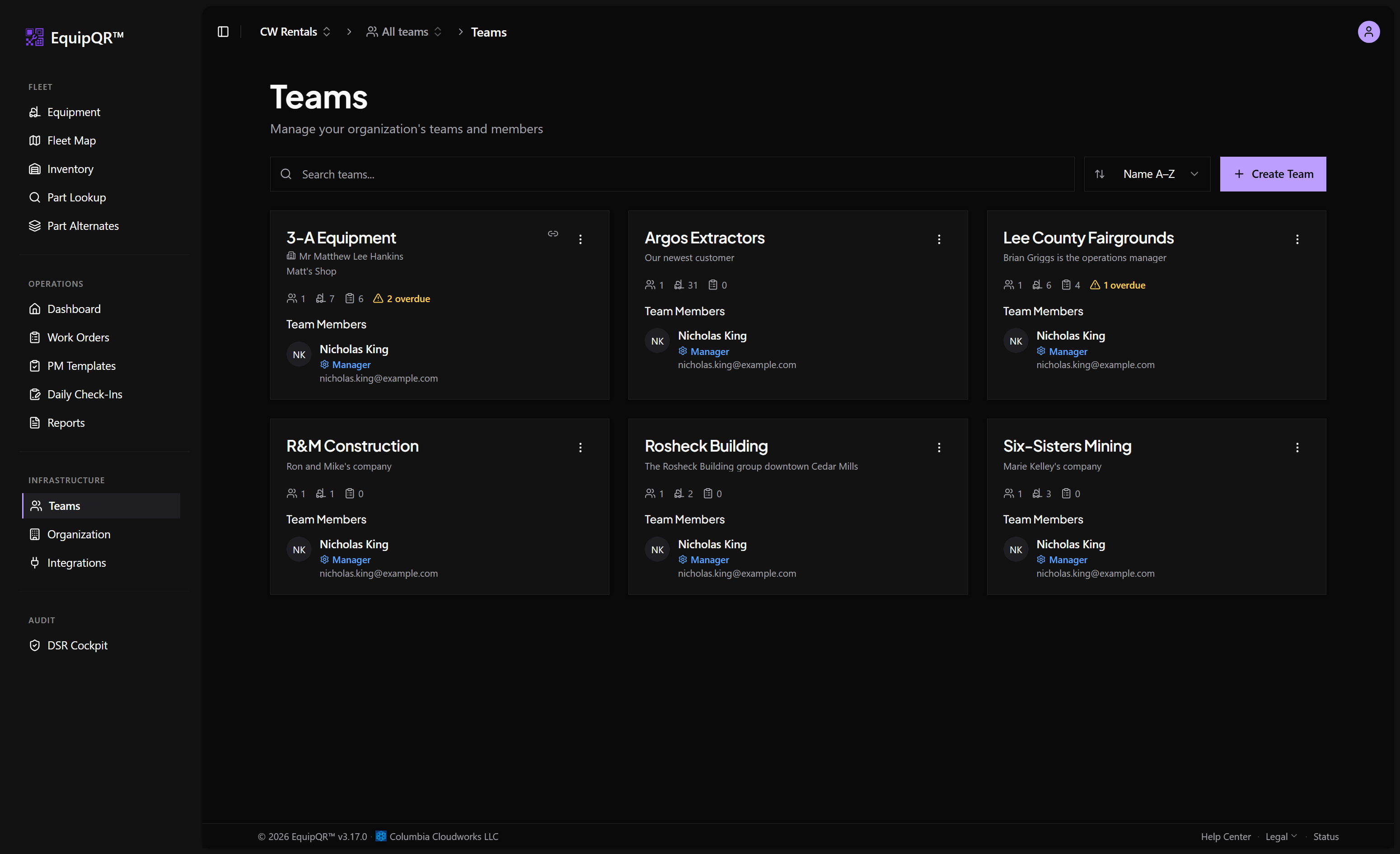 Teams list with a QuickBooks synced badge on 3-A Equipment