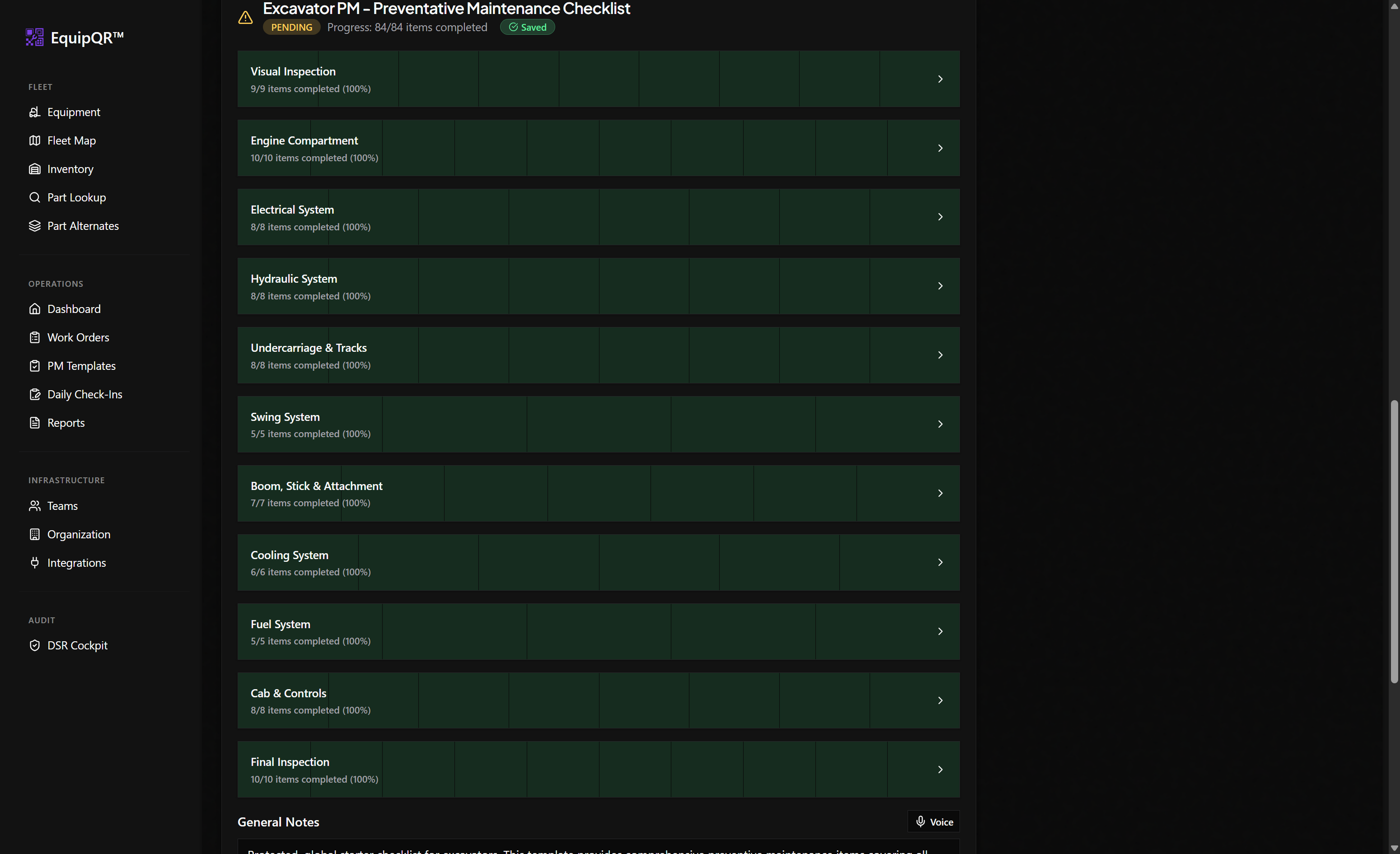 PM checklist with all sections complete