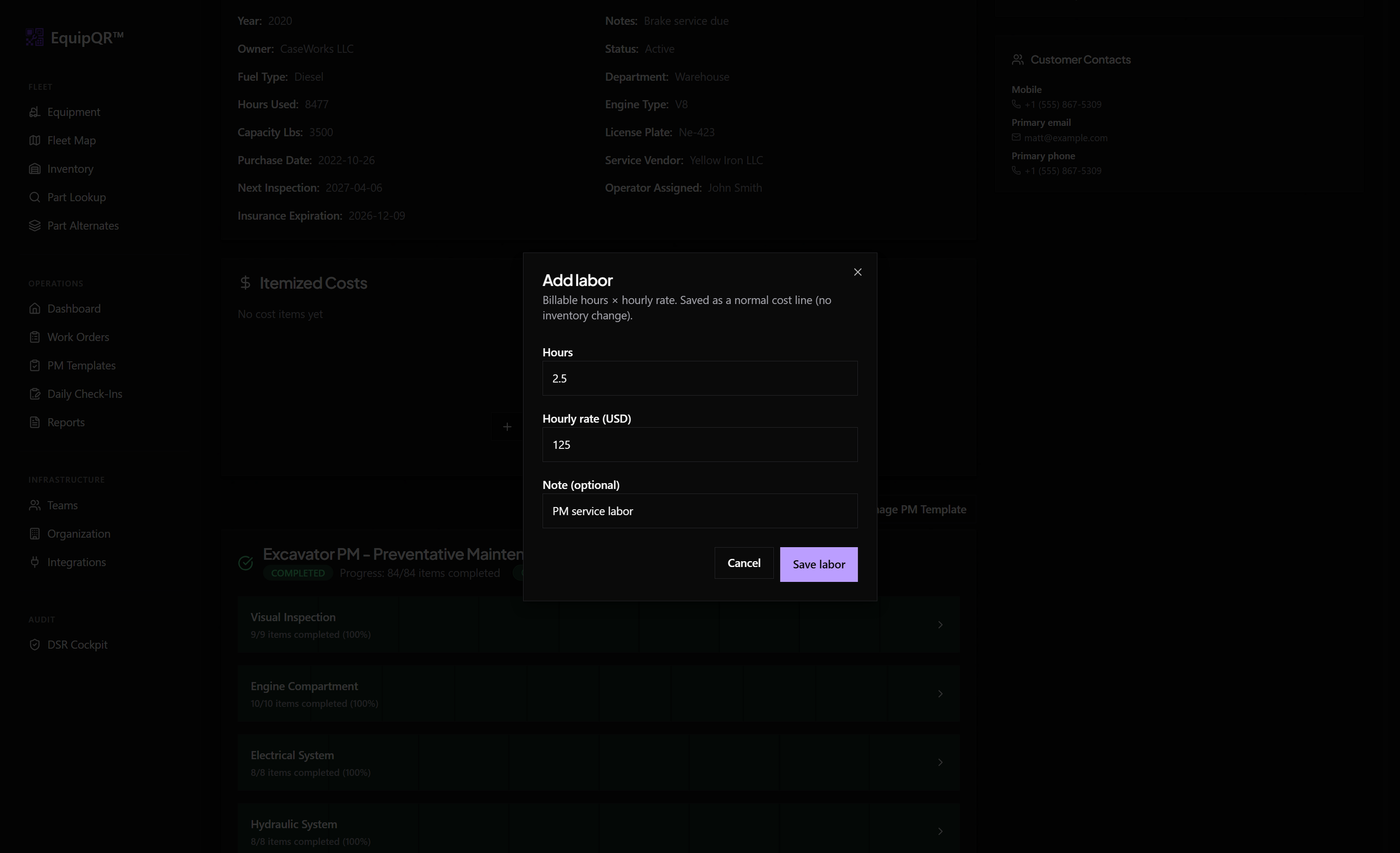 Add labor dialog with hours and hourly rate