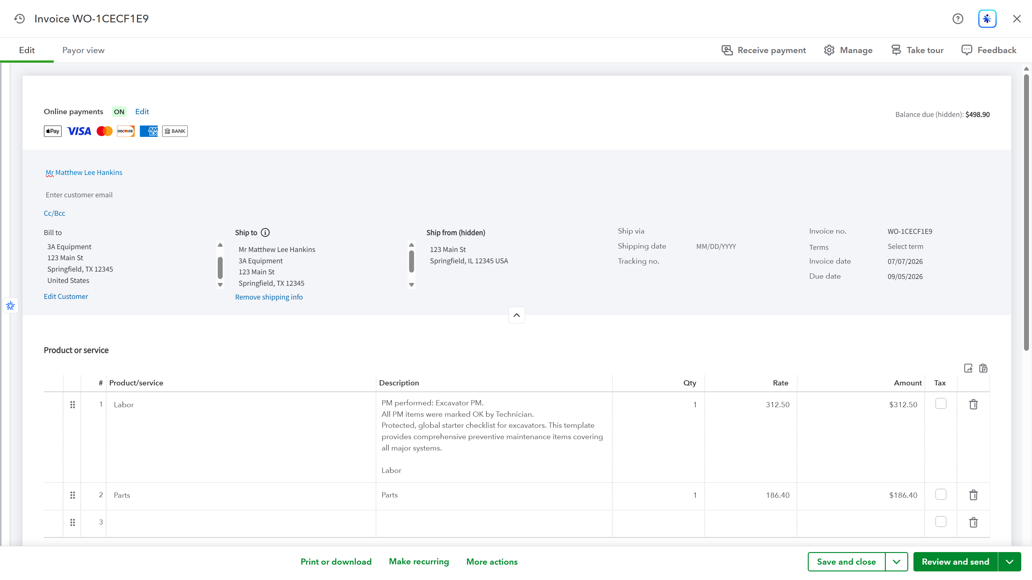 Draft invoice in QuickBooks with labor and parts lines