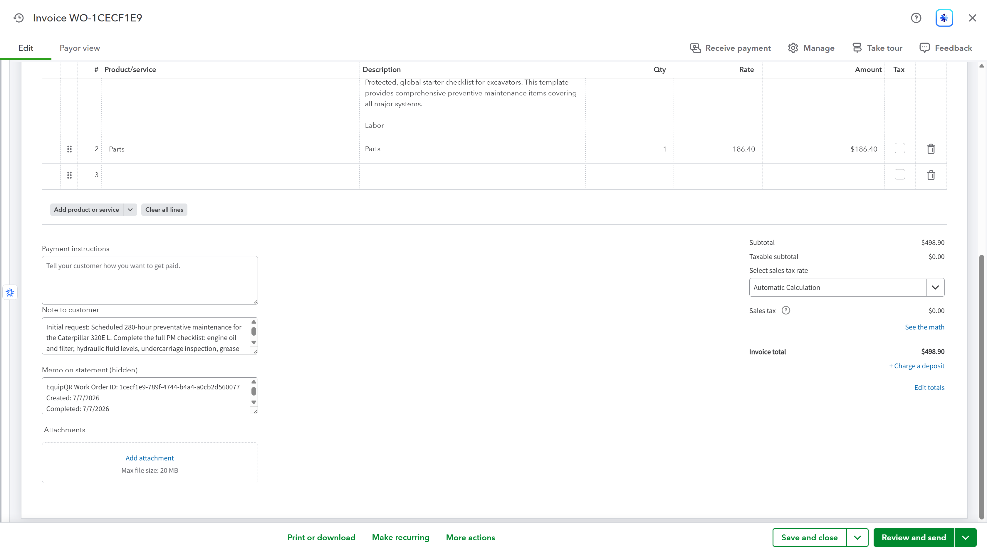 Draft invoice totals, customer note, and hidden statement memo