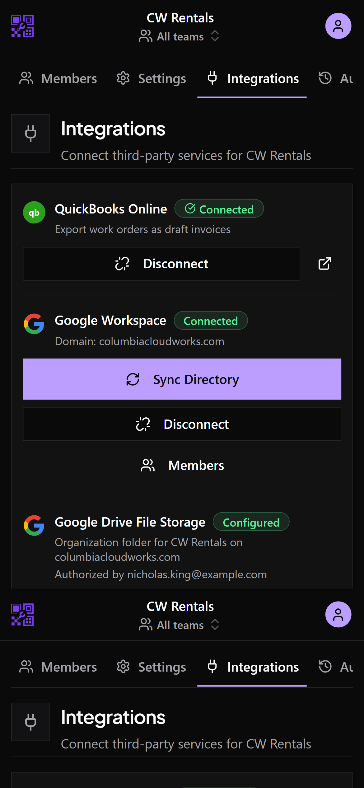 Mobile Integrations page with QuickBooks connected