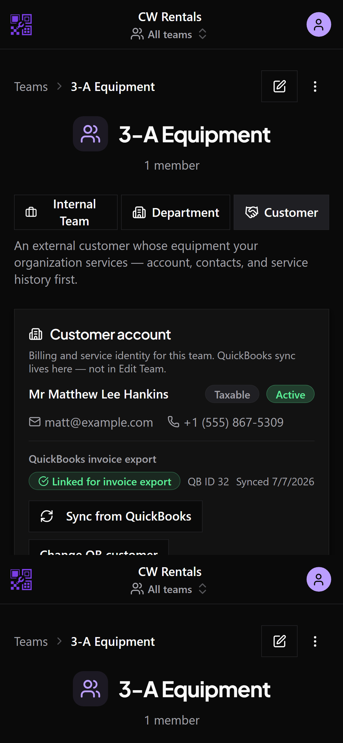 Mobile customer account card with QuickBooks link