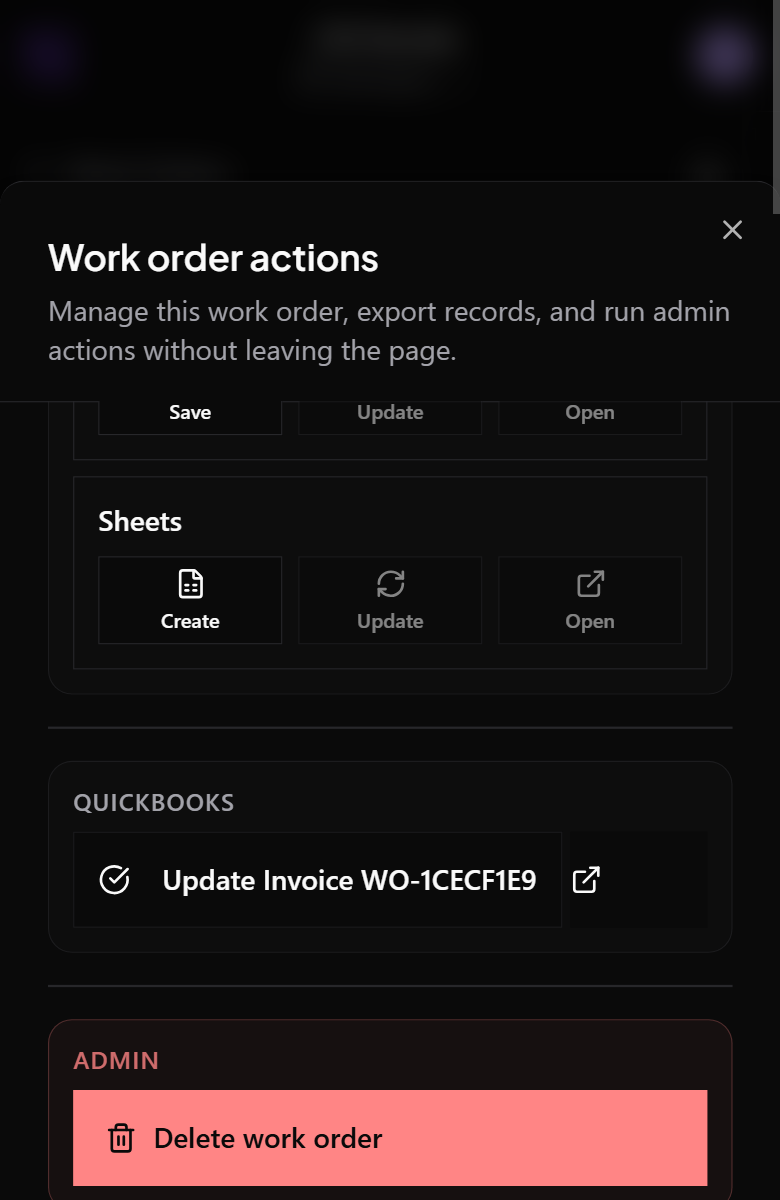 Mobile action sheet with the QuickBooks section