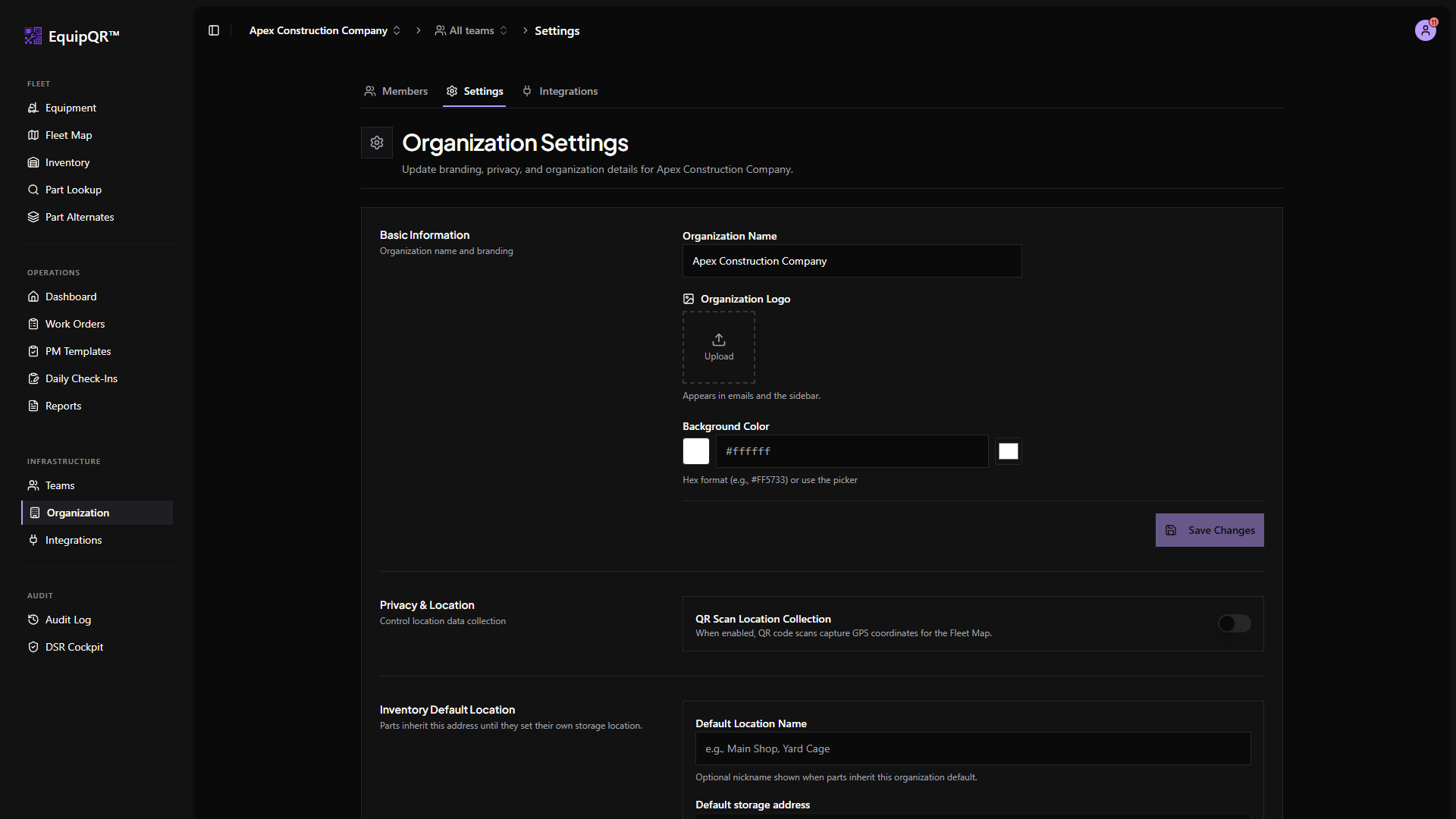 Organization inventory default location