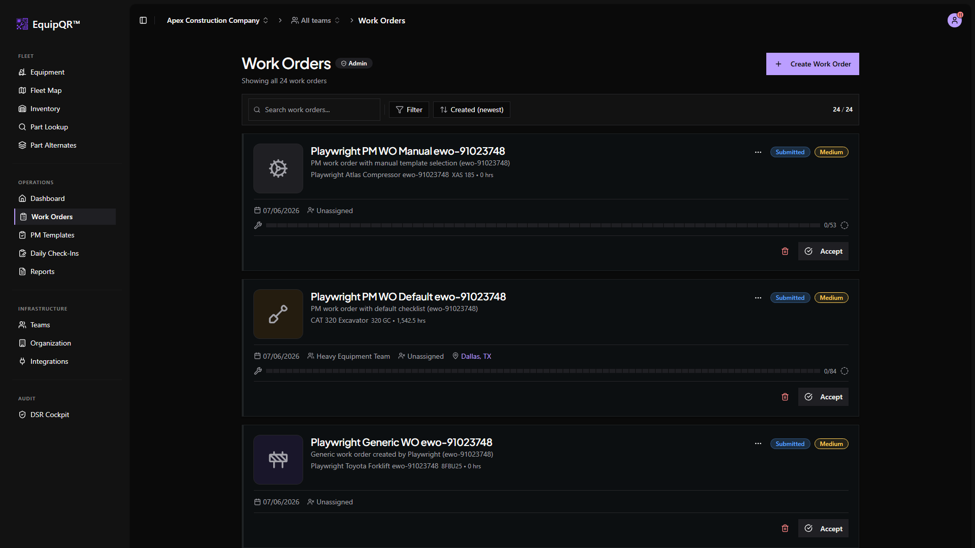 Work Orders list from the sidebar