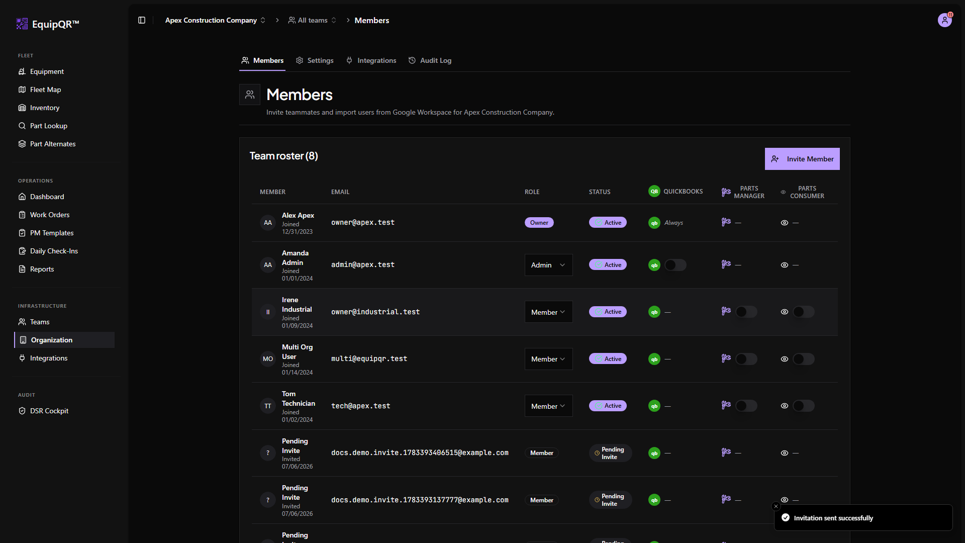 Members list after sending an invitation