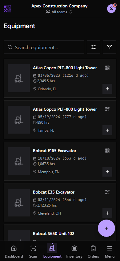 Mobile Equipment tab