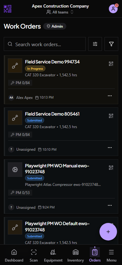 Mobile Work Orders tab