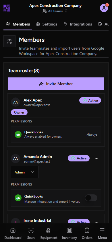 Mobile organization roles list