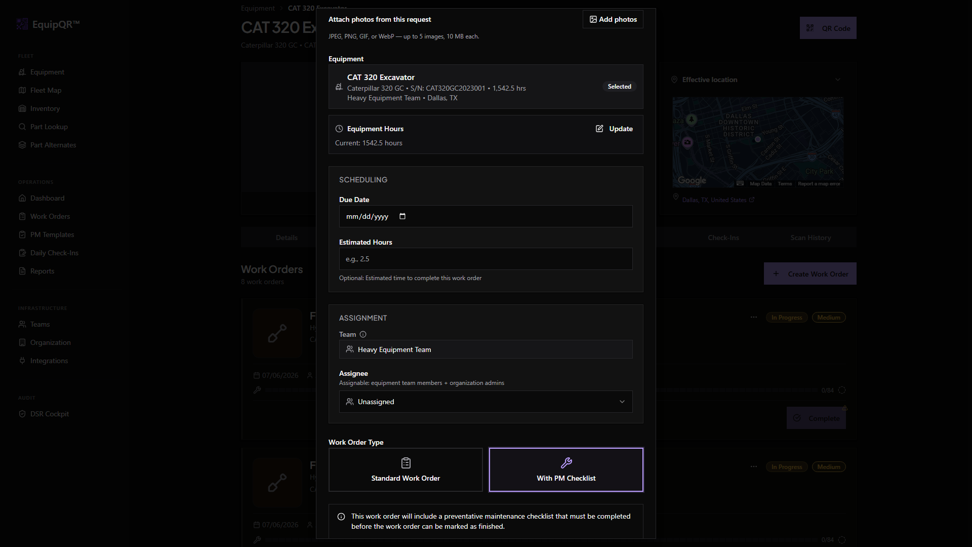 Create work order from equipment