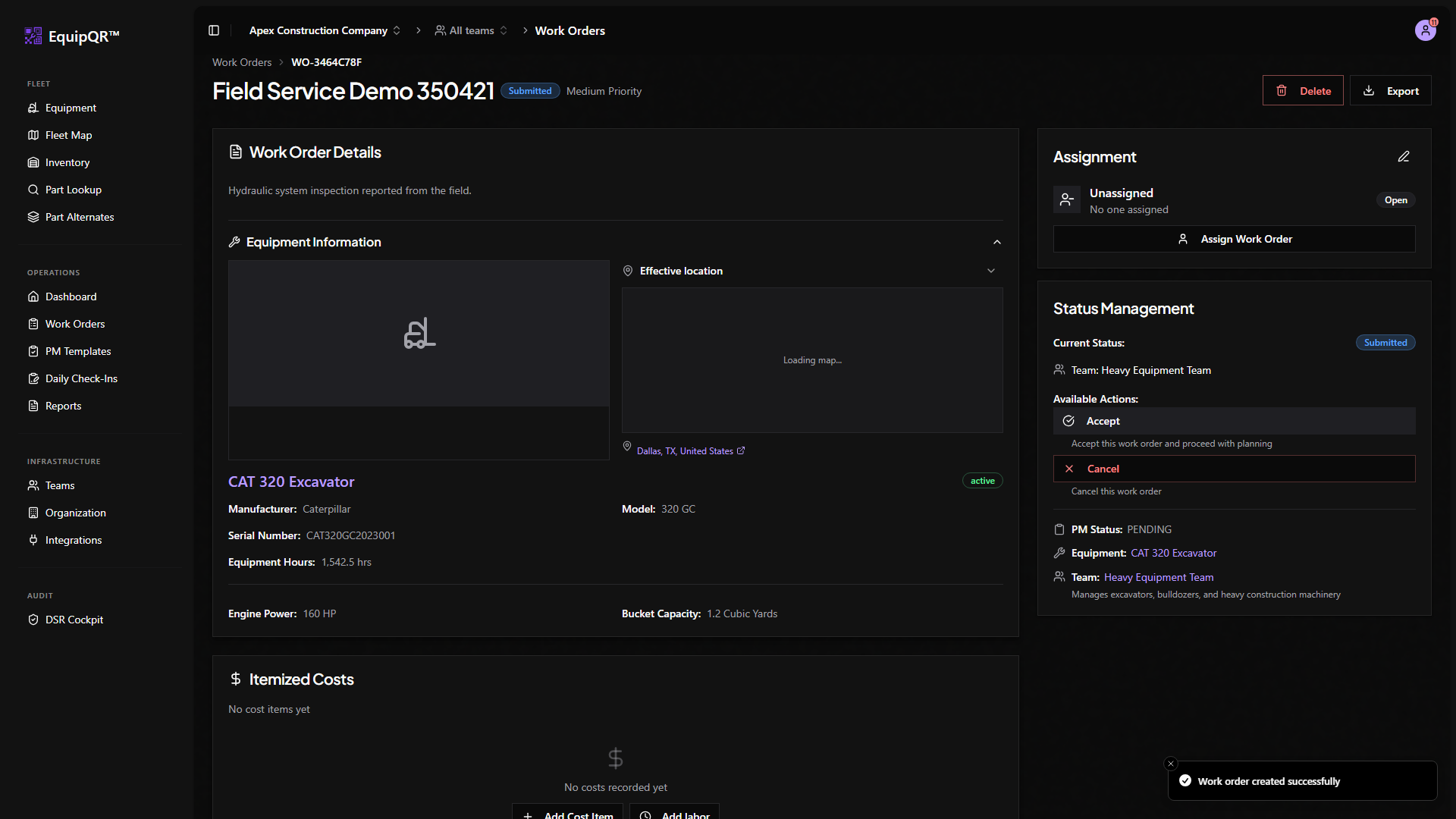 New work order detail page in Submitted status