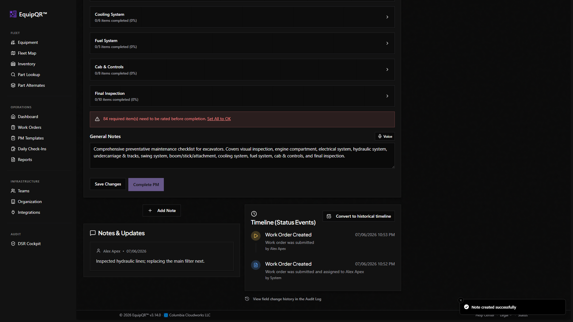 Note saved in the Notes and Updates list