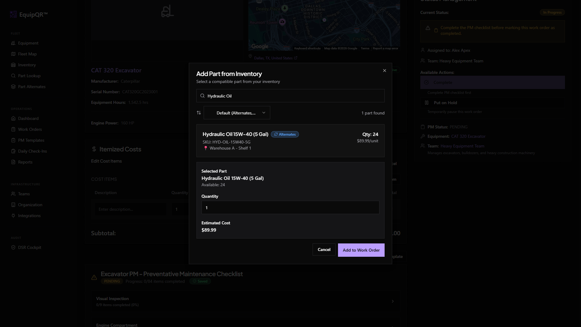Add part from inventory dialog