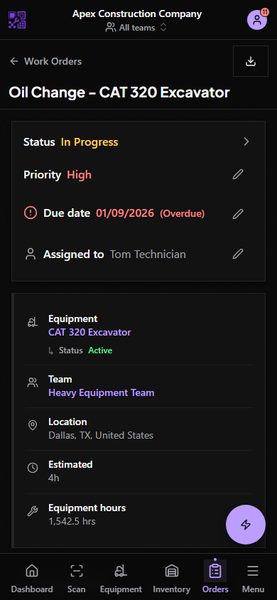 Mobile work order detail with PM checklist access