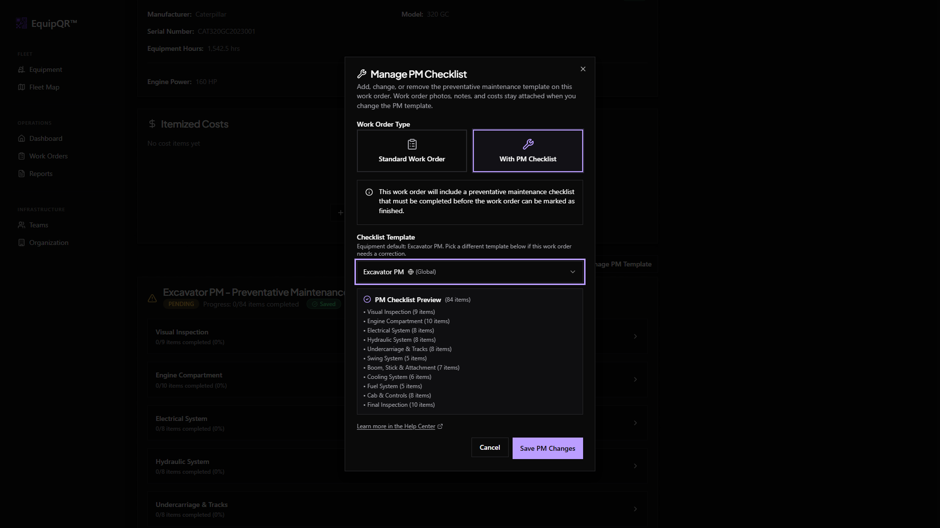 Manage PM checklist dialog
