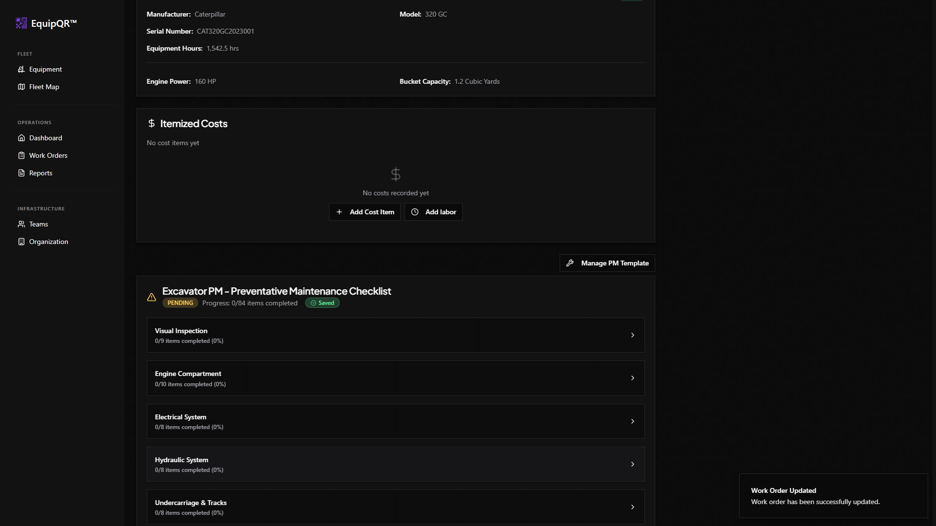 PM checklist section after attaching a template